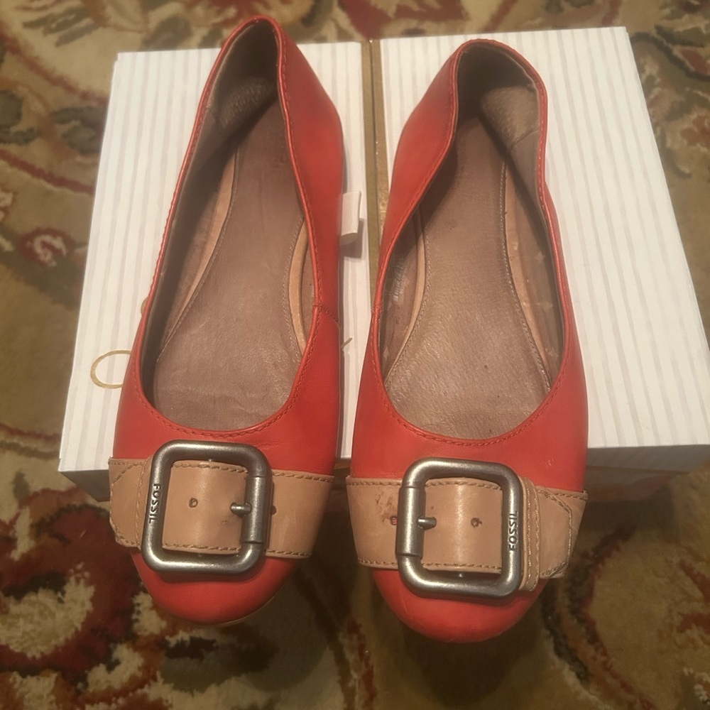 Fossil Red and Tan Flats with Buckle